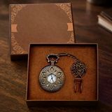 Geometrik Oymalı Tasarım - Köstekli Zincirli Cep Saati - Vintage Bronz