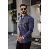 Geometrik Zincir Desenli Slim Fit Hakim Yaka Taş Işlemeli Erkek Gömlek - 2XL - Lacivert