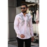 Geometrik Zincir Desenli Slim Fit Hakim Yaka Taş Işlemeli Erkek Gömlek - 2XL - Pembe