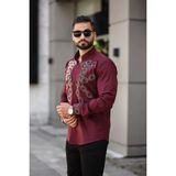 Geometrik Zincir Desenli Slim Fit Hakim Yaka Taş Işlemeli Erkek Gömlek - Bordo