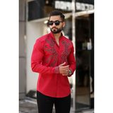 Geometrik Zincir Desenli Slim Fit Hakim Yaka Taş Işlemeli Erkek Gömlek - XL - Kırmızı