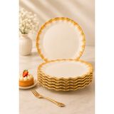 Gerçek Altın Yaldızlı 6 Adet 21 cm Dalgalı Pasta Tabağı Tatlı Sunum Seti Sudedi Home - Krem - Altın