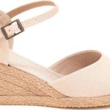 Gerçek Elişi Bej Bilekten Bantlı Topuğu Açık Keten Espadril Dolgu Topuk Handmade