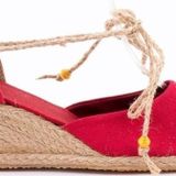 Gerçek Elişi Bilekten Bağcıklı Topuğu Açık Dolgu Topuk Kırmızı Keten Hasır Espadril Handmade