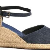 Gerçek Elişi Burnu Hasır Dolgu Topuk Kot Mavi Keten Hasır Espadril Handmade