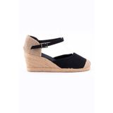 Gerçek Elişi Burnu Hasır Dolgu Topuk Siyah Keten Hasır Espadril Handmade