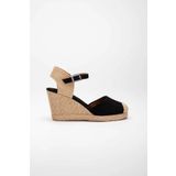 Gerçek Elişi Keten Hasır Espadril Siyah Burnu Hasırlı Arkası Açık Dolgu Topuk Handmade