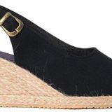 Gerçek Elişi Siyah Arkadan Bantlı Topuğu Açık Burnu Hasırlı Keten Espadril Dolgu Topuk Handmade