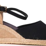 Gerçek Elişi Siyah Bilekten Bantlı Topuğu Açık Keten Espadril Dolgu Topuk Handmade