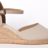 Gerçek Elişi Topuğu Açık Bilekten Bantlı Dolgu Topuk Bej Keten Hasır Espadril Handmade