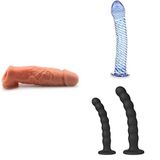 Gerçekçi Penis Kılıf Uzatıcı 15 cm + Cam Dildo Mavi Twister 19 cm + Vantuzlu Anal Boncuklar 2'li Set