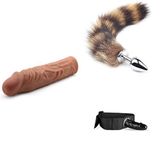 Gerçekçi Penis Kılıf Uzatıcı 18,4 cm + Kuyruklu Anal Tıkaç Küçük + Takmalı Dildo Kemeri Bacaklı