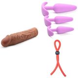 Gerçekçi Penis Kılıf Uzatıcı 18,4 cm + Silikon Üçlü Anal Tıkaç Seti Mor + Penis Halkası Kement Stili