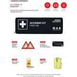 German Kupfermax Accident Kit: Araç Acil Durum ve Kaza Seti, E Belgeli 2 Reflektör, Reflektörlü Yelek, 15 Parça Ilk Yardım Çantası ve Kaza Tespit Tutanağı Seti - Siyah