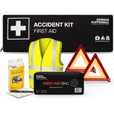 German Kupfermax Accident Kit: Araç Acil Durum ve Kaza Seti, E Belgeli 2 Reflektör, Reflektörlü Yelek, 20 Parça Ilk Yardım Çantası ve Kaza Tespit Tutanağı Seti - Siyah