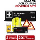 German Kupfermax Accident Kit: Araç Acil Durum ve Kaza Seti, E Belgeli 2 Reflektör, Reflektörlü Yelek, 20 Parça Ilk Yardım Çantası ve Kaza Tespit Tutanağı Seti - Siyah