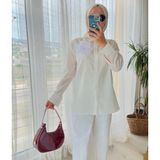 Ges Shop Kadın Siyah Müslin Gömlek - Beyaz - Ekru