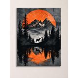 Geyik ve Dağ Manzaralı Metal Tablo - Gün Batımı Doğa Duvar Dekoru, Metal Poster Wall Art