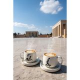 Gezdikçe Bilelim 2'li Tabaklı Atatürk Temalı Tabaklı El Yapımı Double Kupa, Seramik Kupa, Mug, Kupa, Handmade - 001 - Beyaz