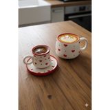 Gezdikçe Bilelim Canım Kendim Serisi Kırmızı Kalp Desenli, El Yapımı Seramik Kahve Fincanı ve Kupa Takımı, Mug, Hand Made - 001 - Beyaz