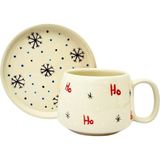 Gezdikçe Bilelim Ho Ho Ho Tabaklı Double El Yapımı Seramik Kupa, Seramik, Double Türk Kahvesi, Nescafe Fincanı - 240 ml - Beyaz