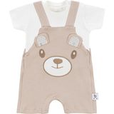 Gezenbebe Hero Kısa Kol Bebek T-Shirt & Nakışlı Salopet Seti Teddy (Organik) - 3 - 6 Ay - Krem