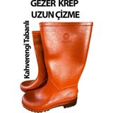 Gezer Krep Uzun Çizme Kauçuk Malzemeden Su Geçirmez Erkek İş Ayakkabısı - Kahverengi - Siyah