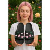 GEZER SİYAH Flower Havuz Terlik - Plaj Çiçek Desenli Terlik