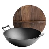 GFAZXDS 14" Geleneksel Elle Dövülmüş Dökme Demir Wok, Şef Tenceresi, 2 Tava Kulak ve Kapaklı-36 cm (33 cm) (33 cm)