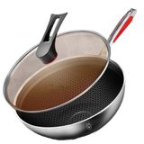 GFAZXDS Paslanmaz Çelik Wok Tava, Cam Kapaklı, 32 cm Yapışmaz Karıştırma Tavası, Kaplamasız Petek Yuvarlak Tabanlı Wok Soğuk Tutamaklı