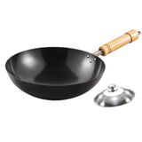 GFAZXDS Paslanmaz Çelik Wok Tava, Stay-Cool Saplı, Woks ve Kapaklı ve Tencere ile Tava Tavaları, Ahşap Saplı Karbon Çelik Wok (30cm) (34cm)