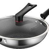 GFAZXDS Wok Tava Karbon Çelik, Kapaklı Wok Tava, Yapışmaz, Paslanmaz Çelik Wok Tavası, İndüksiyon, Elektrik, Gaz, Halojen Tüm Ocaklar için (34 cm) (32 cm)