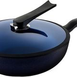 GFAZXDS Yapışmaz Wok Pan, Saplı Karıştırma Tavası, Cam Kapaklı Karıştırma Tavası, Alüminyum Alaşımlı Sığ Tava, Tencere, Tüm Büyük Ocaklarla Çalışır, Siyah