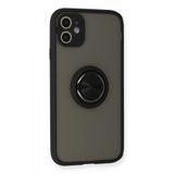 GGM GİYİM & AKSESUAR iPhone 12 ile Uyumlu Arka Kısmı Mat Şeffaf Yapıya Sahip Manyetik Yüzük Stantlı Kenarları Silikon Tpu Malzemeden Üretilmiş Renkli Tuşlara Kamera Korumalı Transparan Kılıf (Siyah)