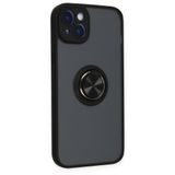 GGM GİYİM & AKSESUAR iPhone 14 ile Uyumlu Arka Kısmı Mat Şeffaf Yapıya Sahip Manyetik Yüzük Stantlı Kenarları Silikon Tpu Malzemeden Üretilmiş Renkli Tuşlara Kamera Korumalı Transparan Kılıf (Siyah)