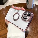 GGM GİYİM & AKSESUAR iPhone 14 Pro ile Uyumlu Laser Şeffaf Parlak Arka Yüzey Ve Logo Detaylı Kenarları Silikon Yapıya Sahip Lens Koruyuculu Kılıf (Pembe)