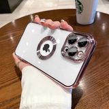 GGM GİYİM & AKSESUAR iPhone 15 Pro Max ile Uyumlu Laser Şeffaf Parlak Arka Yüzey Ve Logo Detaylı Kenarları Silikon Yapıya Sahip Lens Koruyuculu Kılıf (Pembe)