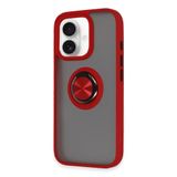 GGM GİYİM & AKSESUAR iPhone 16 ile Uyumlu Arka Kısmı Mat Şeffaf Yapıya Sahip Manyetik Yüzük Stantlı Kenarları Silikon Tpu Malzemeden Üretilmiş Renkli Tuşlara Kamera Korumalı Transparan Kılıf (Kırmızı)