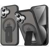 GGM GİYİM & AKSESUAR iPhone 16 Plus için Magsafe ile Uyumlu Arkası Mat Yapıya Metal Kamera Çerçeveli Ultra Güçlendirilmiş Açılır Stantlı Tork Kılıf (Siyah)