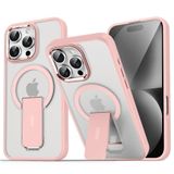 GGM GİYİM & AKSESUAR iPhone 16 Pro için Magsafe ile Uyumlu Arkası Mat Yapıya Metal Kamera Çerçeveli Ultra Güçlendirilmiş Açılır Stantlı Tork Kılıf (Pembe)