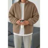 Ghassy Co. Erkek Isı Termal Iç Dış Sherpa Sonbahar Kış Tam Fermuarlı Peluş Polar Sweatshirt - Bej