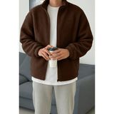 Ghassy Co. Erkek Isı Termal Iç Dış Sherpa Sonbahar Kış Tam Fermuarlı Peluş Polar Sweatshirt - Kahve