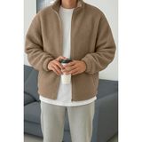 Ghassy Co. Erkek Isı Termal Iç Dış Sherpa Sonbahar Kış Tam Fermuarlı Peluş Polar Sweatshirt - XL - Bej