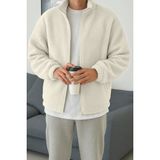 Ghassy Co. Erkek Isı Termal Iç Dış Sherpa Sonbahar Kış Tam Fermuarlı Peluş Polar Sweatshirt - XL - Ekru