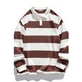 Ghassy Co. Erkek London Çizgili Şeritli Pamuklu İçi Polarlı Polo Yaka Sweatshirt KAHVE XXL