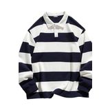Ghassy Co. Erkek London Çizgili Şeritli Pamuklu İçi Polarlı Polo Yaka Sweatshirt LACİVERT L