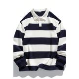 Ghassy Co. Erkek London Çizgili Şeritli Pamuklu İçi Polarlı Polo Yaka Sweatshirt LACİVERT M