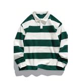 Ghassy Co. Erkek London Çizgili Şeritli Pamuklu İçi Polarlı Polo Yaka Sweatshirt Nefti L