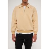 Ghassy Co. Erkek Polo Yaka Oversize Yarım Fermuarlı Sweatshirt - Bej