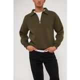 Ghassy Co. Erkek Polo Yaka Oversize Yarım Fermuarlı Sweatshirt HAKİ M